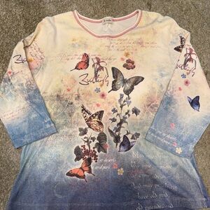 Butterfly Print Ombre Long Sleeve Top - Pastel Blue & Cream